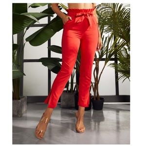 Red Split-Hem Pocket Pants -Women
